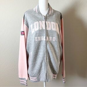 Pink Grey London England Baseball Zipper Jacket